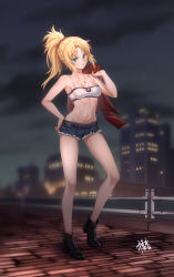Rule 34 | 1girl, bandeau, bare shoulders, blonde hair, blush, braid, breasts, collarbone, cutoffs, fate/apocrypha, fate (series), french braid, gogatsu fukuin, green eyes, grin, hair ornament, hair scrunchie, highres, jacket, unworn jacket, jewelry, long hair, looking at viewer, micro shorts, mordred (fate), mordred (fate/apocrypha), mordred (memories at trifas) (fate), navel, necklace, parted bangs, ponytail, red jacket, red scrunchie, scrunchie, shorts, sidelocks, small breasts, smile, solo