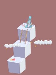 Rule 34 | 1boy, blue hair, blue scarf, cloud, coat, commentary, cube, flashlight, from behind, highres, kaito (vocaloid), kamada (yamadarou), ladder, male focus, red background, scarf, sitting, solo, star (sky), surreal, thermos, vocaloid, white coat