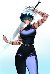 Rule 34 | 1girl, absurdres, arm up, bare arms, bare shoulders, belt, blue pants, breasts, burn scar, clenched hand, cowboy shot, eye trail, gradient background, green hair, hair between eyes, highres, holding, holding sword, holding weapon, jujutsu kaisen, large breasts, light trail, looking at viewer, pants, parted lips, savi (byakushimc), scar, scar on arm, scar on face, shirt, shirt tucked in, short hair, sleeveless, sleeveless shirt, solo, sword, twitter username, weapon, yellow eyes, zen&#039;in maki