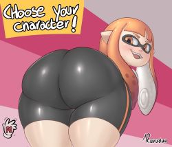 Rule 34 | 1girl, ass, bike shorts, blunt bangs, blush, english text, fangs, huge ass, inkling, inkling girl, inkling player character, nintendo, orange eyes, pointy ears, ruruduu, shorts, smile, solo, splatoon (series), squid girl, tentacle hair, thick thighs, thighs
