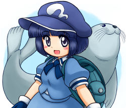 Rule 34 | 1girl, ascot, backpack, bag, black hair, blue hat, blue shirt, blue skirt, blush, collared shirt, commentary request, dark haired kappa, gloves, hat, kappa mob (touhou), looking at viewer, looking up, manzairaku, nitamago, open mouth, purple eyes, seal (animal), shirt, short hair, short sleeves, skirt, skirt set, smile, touhou, two-tone background, upper body, wild and horned hermit