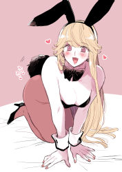 Rule 34 | 1girl, animal ears, bed, blonde hair, blush, bow, breasts, brown thighhighs, cleavage, eyebrow piercing, fake animal ears, fake tail, heart, high heels, highres, kneeling, leotard, long hair, looking at viewer, meeko, open mouth, original, pantyhose, piercing, playboy bunny, rabbit ears, rabbit tail, ribbon, smile, solo, tail, thighhighs, wrist cuffs