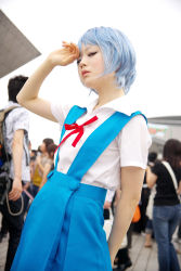 Rule 34 | ayanami rei, blue hair, cosplay, highres, kanata (model), neon genesis evangelion, photo (medium), red eyes, school uniform, serafuku, suspenders
