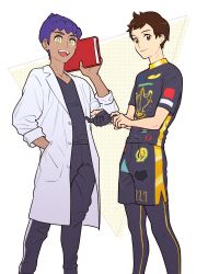 Rule 34 | 2boys, :d, book, bright pupils, brown eyes, brown hair, closed mouth, commentary request, creatures (company), dark-skinned male, dark skin, game freak, gloves, hand in pocket, hand up, highres, holding, holding book, hop (pokemon), lab coat, leggings, male focus, multiple boys, nintendo, open mouth, pants, pantyhose, pantyhose under shorts, partially fingerless gloves, pokemon, pokemon swsh, purple hair, sankaku, shirt, short hair, short sleeves, shorts, single glove, smile, teeth, tongue, upper teeth only, victor (pokemon), white pupils, yellow eyes
