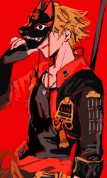 Rule 34 | absurdres, arm armor, black jacket, black shirt, blonde hair, chain necklace, cropped jacket, earrings, fingerless gloves, fox mask, genshin impact, gloves, high contrast, highres, jacket, jewelry, knot, mask, mask lift, nail polish, necklace, nr gnsn, open mouth, red background, red jacket, red nails, shirt, smile, thoma (genshin impact)