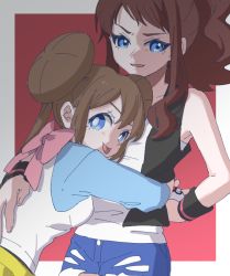 Rule 34 | 2girls, ankea (a-ramo-do), bare shoulders, black vest, blue eyes, blue shorts, border, breasts, brown hair, closed mouth, collarbone, cowboy shot, creatures (company), denim, denim shorts, double bun, female focus, game freak, hair bun, hand on own hip, happy, hilda (pokemon), holding, holding poke ball, hug, looking at viewer, looking back, multiple girls, nintendo, open mouth, pantyhose, poke ball, poke ball (basic), pokemon, pokemon bw, pokemon bw2, ponytail, red background, rosa (pokemon), shirt, short shorts, shorts, simple background, sleeveless, sleeveless shirt, small breasts, smile, standing, swept bangs, tongue, tongue out, twintails, vest, white border, white shirt, yuri