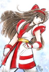 Rule 34 | 1990s (style), 1girl, ainu clothes, alternate hair color, artist name, breasts, brown eyes, brown hair, clenched hand, fingerless gloves, gloves, hair ribbon, highres, legs, long hair, nakoruru, pants, retro artstyle, ribbon, samurai spirits, serious, small breasts, snk, solo, the king of fighters, thighs, traditional media, weapon