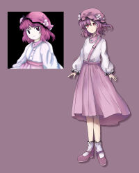 Rule 34 | 1girl, closed mouth, commentary request, flower, full body, hat, hat flower, high heels, highres, hiratose02 (mxx 459), long sleeves, looking at viewer, mob cap, original, pink eyes, pink footwear, pink hat, pink skirt, purple hair, reference inset, shirt, short hair, simple background, skirt, socks, solo, standing, touhou, twitter username, white flower, white shirt, white socks