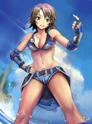 Rule 34 | 1girl, absurdres, bad id, bad pixiv id, bare shoulders, beach, belt, breasts, brown eyes, brown hair, cleavage, clothes around waist, cloud, day, fingerless gloves, from below, gloves, halterneck, hand guard, hand on own hip, highres, jumpsuit, kazama asuka, looking at viewer, medium breasts, navel, outdoors, palm tree, shijima (tanfn), short hair, sky, smile, solo, stomach, tekken, tree, zipper