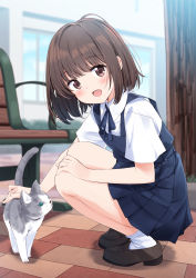 Rule 34 | 1girl, absurdres, animal, bench, blurry, blurry background, blush, brown eyes, brown footwear, brown hair, cat, from side, highres, looking at viewer, mousou (mousou temporary), neck ribbon, open mouth, petting, ribbon, short sleeves, socks, solo, tree, white socks