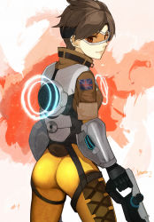 Rule 34 | 1girl, ass, bad id, bad pixiv id, bodysuit, bomber jacket, brown eyes, brown hair, cowboy shot, from behind, from side, gloves, goggles, gun, handgun, jacket, light smile, looking at viewer, looking back, looking to the side, overwatch, overwatch 1, patch, scroll lock (scrool5), short hair, signature, solo, spiked hair, tracer (overwatch), union jack, weapon