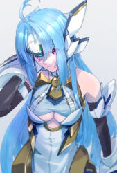 Rule 34 | 1girl, ahoge, android, bare shoulders, blue hair, boots, breasts, cleavage, cleavage cutout, clothing cutout, cyborg, elbow gloves, forehead protector, gloves, headgear, highres, huge ahoge, kos-mos, kos-mos ver. 4, long hair, looking at viewer, medium breasts, red eyes, robot ears, shaded face, solo, tatuya3363, thigh boots, xenosaga