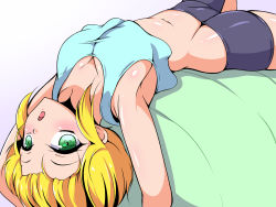Rule 34 | 1girl, aimo (aimo1214), akatsuki kirika, arched back, balancing, ball, bike shorts, blonde hair, blush, breasts, cleavage, commentary request, exercising, exercise ball, green eyes, hair ornament, highres, looking at viewer, medium breasts, navel, open mouth, senki zesshou symphogear, shiny clothes, shiny skin, short hair, simple background, solo, tank top, white background, x hair ornament
