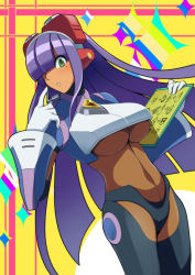 Rule 34 | 1girl, android, blunt bangs, breasts, cowboy shot, dark-skinned female, dark skin, goggles, goggles on head, green eyes, hair over one eye, headset, helmet, holding, index finger raised, layer (mega man), looking at viewer, mega man (series), mega man x (series), open mouth, parco 1315, parted lips, purple hair, robot, shadow, solo, sparkle, standing, underboob