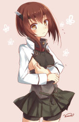 Rule 34 | 10s, 1girl, anchor, bad id, bad pixiv id, bike shorts, brown eyes, brown hair, flower (symbol), flying sweatdrops, headband, kantai collection, nunucco, pleated skirt, short hair, signature, simple background, skirt, solo, taihou (kancolle)