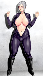 Rule 34 | 10s, 1girl, bodysuit, boots, breasts, catsuit, cleavage, curvy, female focus, glasses, grey hair, hair bun, hands up, huge breasts, hyji, latex, long hair, looking at viewer, makeup, navel, nipples, open clothes, open mouth, open shirt, partially visible vulva, prison school, red eyes, shiraki meiko, shirt, single hair bun, skin tight, solo, spread legs, standing, sweat, thick thighs, thighs, wide hips