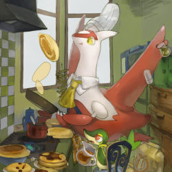 Rule 34 | :p, baketu, chair, chef hat, clothed pokemon, commentary request, cooking, creatures (company), detached collar, food, game freak, gen 3 pokemon, gen 5 pokemon, hat, holding jug, indoors, jug (bottle), kitchen, kitchen hood, latias, legendary pokemon, nintendo, no humans, pancake, pokemon, pokemon (creature), pot, snivy, standing, stove, tile wall, tiles, tongue, tongue out, yellow eyes, yellow neckwear