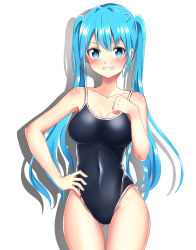 Rule 34 | 1girl, baretto (karasi07), blue eyes, blue hair, blush, competition school swimsuit, covered navel, cowboy shot, grin, hand on own hip, hatsune miku, highres, long hair, looking at viewer, one-piece swimsuit, school swimsuit, smile, solo, swimsuit, thigh gap, twintails, vocaloid