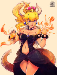 Rule 34 | 1girl, absurdres, armlet, artist logo, artist name, black collar, black leotard, black nails, blonde hair, blue eyes, bowsette, bracelet, breasts, cleavage, closed mouth, clothing cutout, collar, cowboy shot, crown, earrings, fang, fang out, fingernails, fire, hands up, high ponytail, highres, horns, jay phenrix, jewelry, leotard, lipstick, long hair, looking at viewer, makeup, mario (series), nail polish, navel, new super mario bros. u deluxe, nintendo, sharp fingernails, sidelocks, skirt, smile, solo, spiked armlet, spiked bracelet, spiked collar, spiked shell, spiked tail, spikes, stomach, stomach cutout, strapless, strapless leotard, super crown, tail, turtle shell, v-shaped eyebrows
