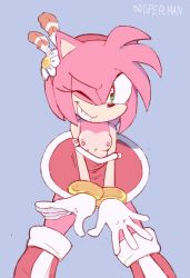 Rule 34 | 1girl, amy rose, animal ears, artist name, bare shoulders, blue background, boots, bracelet, breasts, breasts out, clothes pull, dress, dress pull, feathers, female focus, flower, furry, furry female, gloves, green eyes, grin, hair feather, hair flower, hair ornament, hairband, happy, hedgehog ears, hedgehog girl, jewelry, knee boots, leaning forward, legs apart, looking at viewer, nipples, off shoulder, one eye closed, outstretched arms, pink hair, red dress, red footwear, red hairband, short hair, sideways mouth, signature, simple background, sleeveless, sleeveless dress, small breasts, smile, snout, solo, sonic (series), sooperman, standing, teeth, white flower, white gloves, wink