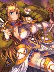 Rule 34 | 1girl, angry, arm grab, armor, axe, blonde hair, blue eyes, blush, breasts, clenched teeth, colored skin, crown, defeat, female knight, full armor, funamushi (funa), green skin, highres, imminent rape, kumacchi, large breasts, legs, long hair, looking back, monster, non-web source, orc, original, restrained, sideboob, size difference, skirt, snout, solo focus, standing, sword, teeth, thighs, tusks, weapon, white legwear