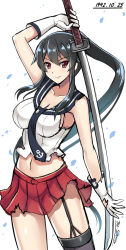 Rule 34 | &gt;:), 10s, 1girl, arm up, armpits, bare shoulders, black hair, black thighhighs, breasts, cleavage, closed mouth, collarbone, cowboy shot, dated, garter straps, gloves, high ponytail, highres, holding, holding sword, holding weapon, kantai collection, katana, large breasts, long hair, looking at viewer, midriff, pleated skirt, ponytail, red eyes, red skirt, school uniform, serafuku, shiny skin, shirt, sideboob, sidelocks, single thighhigh, skirt, sleeveless, sleeveless shirt, solo, sword, the-sinner, thighhighs, torn clothes, torn shirt, torn skirt, unsheathed, v-shaped eyebrows, very long hair, weapon, white background, white gloves, yahagi (kancolle)