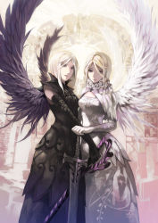 Rule 34 | 2girls, angel, aoin, blonde hair, cross, dress, elbow gloves, eyes visible through hair, feathers, gloves, grey eyes, hair between eyes, hair over one eye, holding, holding sword, holding weapon, multiple girls, original, standing, sword, weapon, white hair, wings