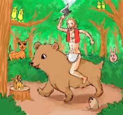 Rule 34 | 00s, 1boy, animal, apron, axe, basch fon ronsenburg, bear, bird, blonde hair, rabbit, deer, final fantasy, final fantasy xii, forest, happy, lowres, male focus, mole, nature, red vest, riding, smile, solo, squirrel, vest, weapon, what