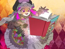 Rule 34 | 10s, 1girl, book, dress, fate/extra, fate/grand order, fate (series), frills, grey hair, hat, long hair, nursery rhyme (fate), open mouth, purple eyes, ribbon