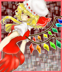 Rule 34 | 1girl, ass, blonde hair, breasts, female focus, flandre scarlet, hat, hat ribbon, looking back, red eyes, ribbon, ringo1201, short hair, side ponytail, skirt, solo, touhou, wings