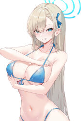 Rule 34 | 1girl, alternate costume, asuna (blue archive), asymmetrical bangs, bikini, blue archive, blue bikini, blush, breasts, cleavage, collarbone, front-tie bikini top, front-tie top, halo, highleg, highleg bikini, highres, large breasts, light brown hair, long bangs, long hair, looking at viewer, mole, mole on breast, navel, rorokaede, simple background, smile, solo, straight hair, string bikini, swimsuit, very long hair, white background