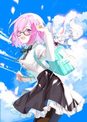 Rule 34 | alternate costume, backpack, bad id, bad pixiv id, bag, black skirt, blouse, cloud, eyes visible through hair, fate/grand order, fate (series), fou (fate), glasses, hair over one eye, highres, mash kyrielight, mona0101, neck ribbon, open mouth, pantyhose, petticoat, pink hair, purple eyes, ribbon, shirt, skirt, sky, smile, white shirt