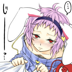 Rule 34 | ..., 1girl, animal ears, blush, bra, breasts, cleavage, downblouse, eyes visible through hair, face, female focus, from above, headband, komeiji satori, lingerie, looking at viewer, off shoulder, pov, purple hair, rabbit ears, red eyes, short hair, simple background, small breasts, solo, staring, sweatdrop, sweater, third eye, touhou, underwear, white-aster, white background