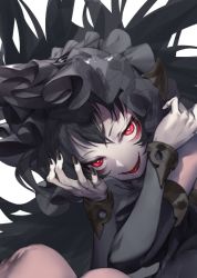 Rule 34 | 10s, 1girl, abyssal ship, bad id, bad twitter id, bags under eyes, black bow, black hair, black nails, black theme, bonnet, bow, bright pupils, detached sleeves, fingernails, frills, gothic lolita, hair between eyes, horns, isolated island oni, kantai collection, kodama (wa-ka-me), lolita fashion, long hair, long sleeves, nail polish, open mouth, red eyes, ringed eyes, simple background, smile, solo, teeth, white background