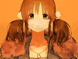 Rule 34 | 1girl, bad id, bad twitter id, brown background, brown eyes, brown hair, character request, fur trim, hageshii nakano, heart, heart necklace, highres, idolmaster, idolmaster cinderella girls, jewelry, looking at viewer, mask, mouth mask, necklace, simple background, solo, surgical mask, twintails, white face mask