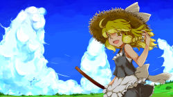Rule 34 | 1girl, :d, adapted costume, blonde hair, braid, cloud, day, female focus, hat, kanoe soushi, kirisame marisa, long hair, nature, open mouth, outdoors, plant, single braid, sky, smile, solo, straw hat, touhou, yellow eyes