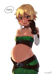 Rule 34 | 1girl, artist name, bad id, bad twitter id, bandeau, bare shoulders, belt, big belly, blonde hair, blush, breasts, brown choker, brown eyes, brown gloves, choker, commentary, commission, cowboy shot, ear blush, elf, english text, fang, gloves, green pants, hair between eyes, hair tubes, hand on own stomach, highres, inactive account, looking at viewer, loose belt, medium breasts, midriff, navel, nil sunna, nose blush, original, pants, parted lips, pointy ears, pregnant, scratching cheek, sidelocks, skindentation, solo, speech bubble, strapless, sunna (nilsunna), tube top, white background
