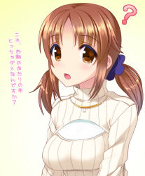 Rule 34 | 10s, 1girl, blush, breasts, brown eyes, brown hair, cleavage cutout, clothing cutout, idolmaster, idolmaster cinderella girls, large breasts, looking at viewer, meme attire, open-chest sweater, open mouth, ribbed sweater, solo, sweater, totoki airi, totokichi, translation request, turtleneck, twintails