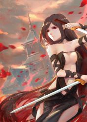 Rule 34 | 1girl, areaaaron, black dress, breasts, brown hair, castle, closed mouth, cloud, cloudy sky, cowboy shot, dress, dual wielding, fate/grand order, fate (series), highres, holding, holding sword, holding weapon, long hair, medium breasts, outdoors, pink sky, red eyes, reverse grip, sky, solo, swept bangs, sword, very long hair, weapon, yu mei-ren (fate)