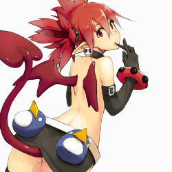 Rule 34 | 1girl, artist request, ass, back, bad id, bad pixiv id, bat wings, belt, bracelet, demon girl, disgaea, earrings, elbow gloves, etna (disgaea), gloves, jewelry, looking back, memesaso, miniskirt, pointy ears, prinny, red eyes, red hair, skirt, solo, tail, thighhighs, topless, twintails, wings