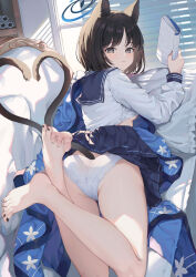 Rule 34 | 1girl, absurdres, animal ears, ass, bare legs, barefoot, black eyes, black hair, black nails, blue archive, blue halo, blue skirt, book, cat ears, cat girl, cat tail, commentary request, couch, feet up, fingernails, halo, haori, highres, hokori sakuni, holding, holding book, indoors, japanese clothes, kikyou (blue archive), long sleeves, looking at viewer, looking back, lying, multiple tails, nail polish, nekomata, on couch, on stomach, panties, pleated skirt, school uniform, serafuku, shirt, skirt, skirt flip, solo, tail, toenail polish, toenails, toes, two tails, underwear, white panties, white shirt