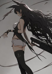 Rule 34 | 1girl, absurdres, animal ears, black hair, black panties, black thighhighs, blake belladonna, breasts, cat ears, gradient background, grey background, has bad revision, has downscaled revision, highres, holding, holding weapon, long hair, md5 mismatch, pandarou, panties, profile, resolution mismatch, rwby, short shorts, shorts, sleeveless, small breasts, solo, source smaller, thighhighs, underwear, very long hair, weapon, yellow eyes, zettai ryouiki