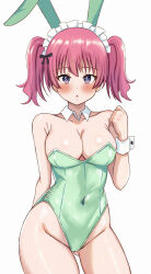 1girl absurdres animal_ears arm_behind_back bare_shoulders blush breasts collarbone commentary_request covered_navel detached_collar gluteal_fold green_leotard groin hand_up highres large_breasts leotard looking_at_viewer maid_headdress nootomo open_mouth original pink_eyes pink_hair playboy_bunny rabbit_ears simple_background solo thighs twintails white_background white_wrist_cuffs wrist_cuffs