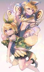 Rule 34 | 1boy, 1girl, black skirt, blonde hair, blue eyes, blue neckwear, bow, capelet, commentary, dress, electricity, green bow, green capelet, grin, hair bow, hand up, high heels, highres, hood, hooded jacket, jacket, kagamine len, kagamine rin, leg up, light smile, looking at viewer, magical mirai (vocaloid), magical mirai len, magical mirai rin, medallion, miniskirt, mipi, necktie, short hair, short sleeves, skirt, smile, speaker, spiked hair, vocaloid, white dress, white jacket, wings
