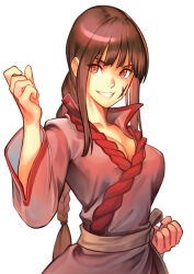 Rule 34 | 1girl, braid, breasts, brown eyes, brown hair, cleavage, clenched hand, collar, collarbone, grin, hinoru saikusa, large breasts, lei kuugo, live a live, long hair, looking at viewer, open mouth, scar, scar on face, simple background, single braid, smile, solo, teeth, white background, wide sleeves