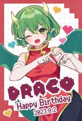 Rule 34 | 1girl, blush, character name, china dress, chinese clothes, dated, draco centauros, dragon girl, dragon horns, dragon tail, dragon wings, dress, elbow gloves, fang, finger heart, gloves, green eyes, green hair, green wings, happy birthday, heart, highres, horns, kashima miyako, one eye closed, pixel art, pointy ears, puyopuyo, red dress, short hair, side slit, solo, tail, white gloves, wings, yellow horns