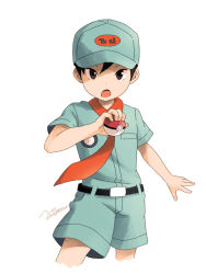 Rule 34 | 10s, 1boy, artist name, black eyes, black hair, camper (pokemon), child, cowboy shot, creatures (company), game freak, hat, looking at viewer, male focus, nintendo, noeyebrow (mauve), npc trainer, open mouth, poke ball, poke ball (basic), pokemon, pokemon oras, short hair, simple background, solo, white background