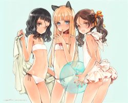 Rule 34 | 3girls, animal ears, aqua background, ass, back bow, ball, bandeau, bare shoulders, beachball, bikini, black hair, black ribbon, blonde hair, blue eyes, blush, bow, brown eyes, brown hair, casual one-piece swimsuit, cat ears, choker, collar, commentary, dated, ema (shirotsume souwa), english commentary, finger to mouth, flat chest, frilled swimsuit, frills, grey eyes, hair ribbon, highres, long hair, looking at viewer, medium hair, mixed-language commentary, multiple girls, one-piece swimsuit, ooyari ashito, open mouth, orange ribbon, red collar, redrawn, ribbon, ribbon choker, sayu (shirotsume souwa), shirotsume souwa, side-tie bikini bottom, signature, simple background, smile, swimsuit, touka (shirotsume souwa), towel, twintails, wavy hair, white one-piece swimsuit