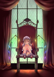 Rule 34 | 1girl, blonde hair, chair, covering privates, covering crotch, female focus, flandre scarlet, glowing, highres, indoors, hugging own legs, looking at viewer, mary janes, night, revision, shoes, side ponytail, sitting, smile, solo, sue sgr u, embodiment of scarlet devil, touhou, window, wings