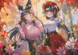 Rule 34 | 2girls, ahoge, alternate costume, animal ears, arm up, atago (azur lane), autumn, autumn leaves, azur lane, bag, belt, beret, between breasts, black hair, black skirt, blurry, blurry foreground, blush, bow, breasts, brown eyes, casual, closed mouth, day, depth of field, extra ears, flower, hair bow, hair flaps, hanato (seonoaiko), hand on headwear, handbag, hands up, hat, high-waist skirt, large breasts, leaf, long hair, long sleeves, looking at viewer, maple leaf, multiple girls, orange eyes, outdoors, pink flower, pink sweater, red flower, red headwear, red skirt, shirt, shirt tucked in, shoulder bag, skirt, smile, sparkle, sweater, takao (azur lane), tree, tree shade, very long hair, white flower, white shirt